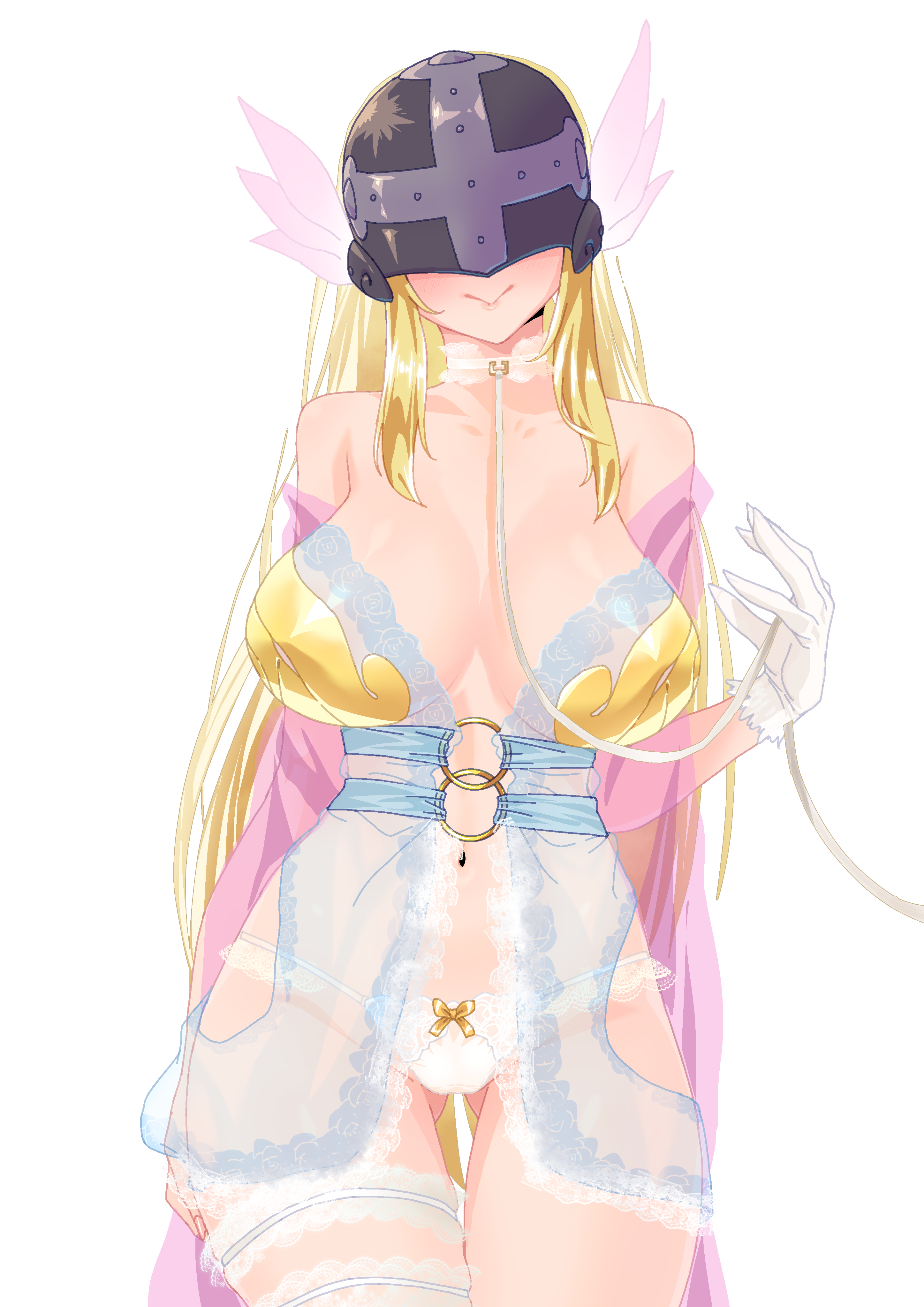 gerusyu, angewomon, digimon, digimon adventure, highres, 1girl, bare shoulders, blonde hair, breasts, closed mouth, collarbone, covered eyes, digimon (creature), female focus, gloves, head wings, helmet, helmet over eyes, large breasts, light blush, lingerie, long hair, looking at viewer, navel, simple background, smile, solo, solo focus, standing, thigh strap, thighs, underwear, white background, wings