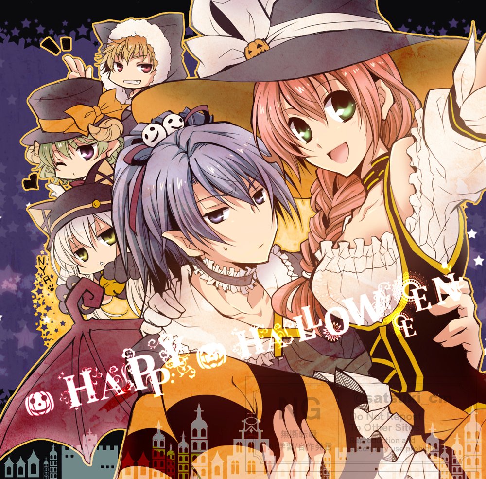 satsuki (chaosmode), altina orion, ash carbide, juna crawford, kurt vander, musse egret, eiyuu densetsu, hajimari no kiseki, sen no kiseki (series), 2boys, 3girls, animal ear hood, animal ears, bat wings, blonde hair, blue eyes, braid, carrying, cat ears, claw pose, closed mouth, collar, double-parted bangs, english text, fake animal ears, fur trim, green eyes, grin, hair between eyes, halloween costume, happy halloween, hat, hat ribbon, heart, hood, jack-o'-lantern, long hair, looking at viewer, multiple boys, multiple girls, one eye closed, open mouth, parted bangs, parted lips, ponytail, princess carry, red eyes, ribbon, short hair, single braid, smile, sweatdrop, top hat, white hat, wings, witch hat