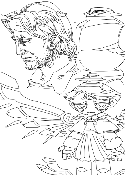 outtake, character request, copyright request, tagme, monochrome, robot, wings