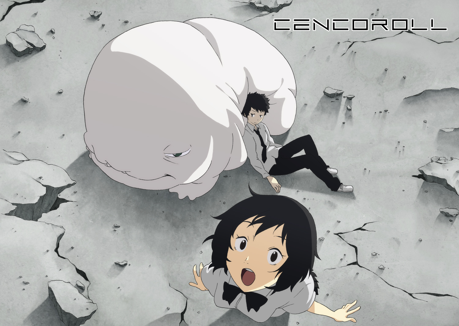 natsuki heru, cenco, tetsu (cencoroll), yuki (cencoroll), cencoroll, bad id, bad pixiv id, black hair, looking up, monster, necktie, school uniform, short hair