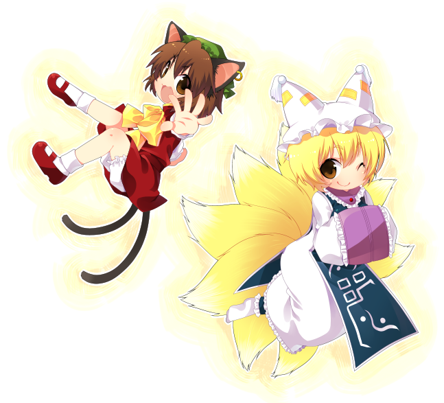 kiri futoshi, chen, yakumo ran, touhou, bad id, bad pixiv id, 2girls, animal ears, animal hat, blonde hair, bloomers, brown hair, cat ears, cat girl, cat tail, earrings, female focus, fox tail, hands in opposite sleeves, hat, jewelry, long sleeves, mob cap, multiple girls, multiple tails, one eye closed, shoes, short hair, socks, tail, tassel, underwear, wide sleeves