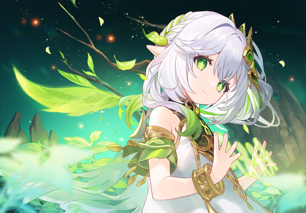 asahikawa hiyori, nahida (genshin impact), genshin impact, commentary request, 1girl, artist name, bare shoulders, bracelet, closed mouth, detached sleeves, fingernails, from side, gold trim, gradient hair, green eyes, green hair, green sleeves, hair between eyes, hair ornament, jewelry, leaf hair ornament, long hair, looking at viewer, multicolored hair, pointy ears, side ponytail, sleeveless, smile, solo, star-shaped pupils, star (symbol), symbol-shaped pupils, white hair