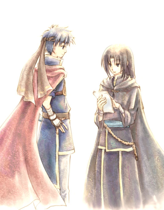 ike (fire emblem), soren (fire emblem), fire emblem, fire emblem: path of radiance, fire emblem: radiant dawn, nintendo, 2boys, belt, black hair, blue eyes, blue hair, cape, gloves, headband, long hair, male focus, multiple boys