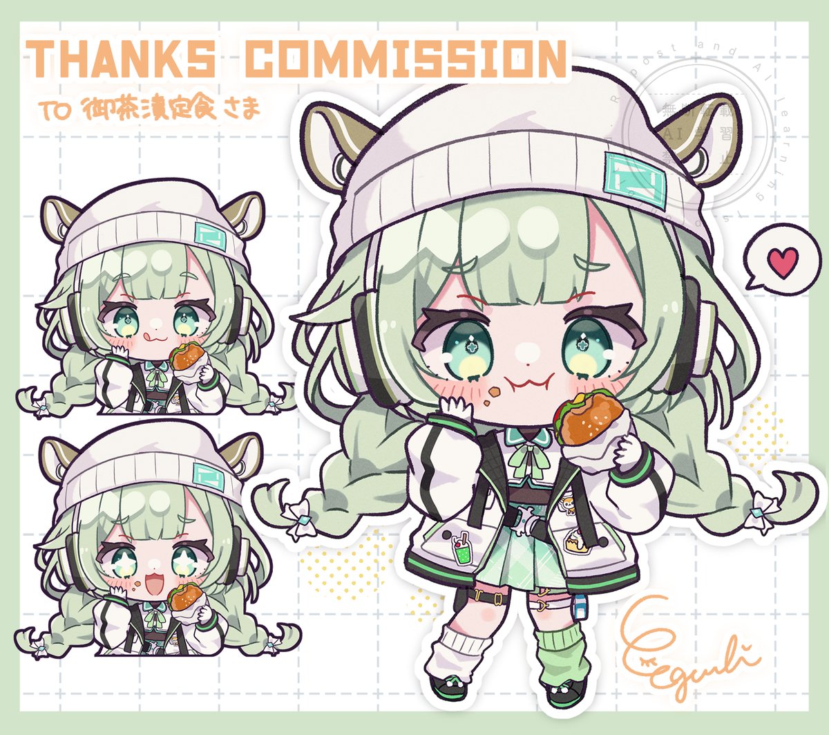 project nebula, commentary, commission, skeb commission, + +, :3, :d, animal ears, asymmetrical legwear, black shoes, blunt bangs, blush stickers, border, braid, burger, closed mouth, drop shadow, ears through headwear, egissi, food, food on face, full body, green border, green eyes, green hair, green ribbon, green skirt, green socks, grid background, hat, heart, holding, holding food, jacket, long hair, looking at viewer, loose socks, mismatched legwear, multiple views, natori hinata, neck ribbon, open clothes, open jacket, open mouth, outline, plaid clothes, plaid skirt, pleated skirt, ribbon, shirt, shoes, signature, skirt, smile, socks, spoken heart, standing, twin braids, virtual youtuber, watermark, white background, white hat, white jacket, white outline, white shirt, white socks