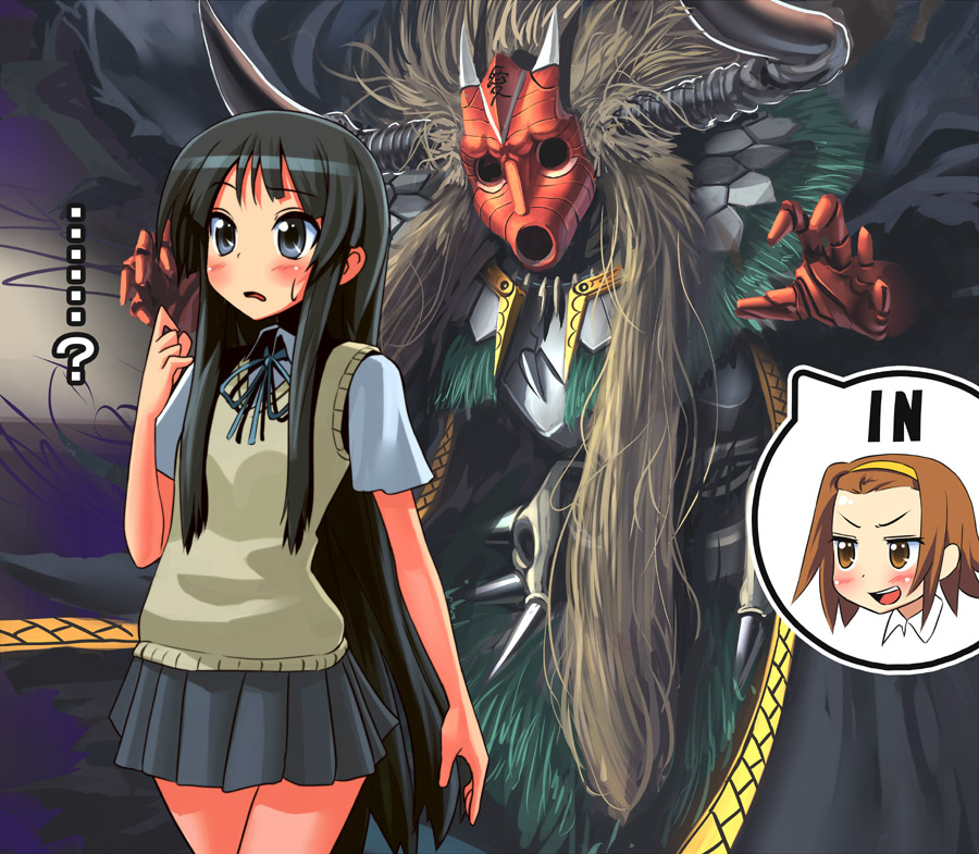 patorishia, patricia (stylish marunage), akiyama mio, tainaka ritsu, k-on!, 2girls, ?, black eyes, black hair, blue eyes, blunt bangs, blush, costume, hime cut, horns, long hair, mask, multiple girls, parody, school uniform, skirt, sweatdrop, sweater, very long hair, you gonna get raped