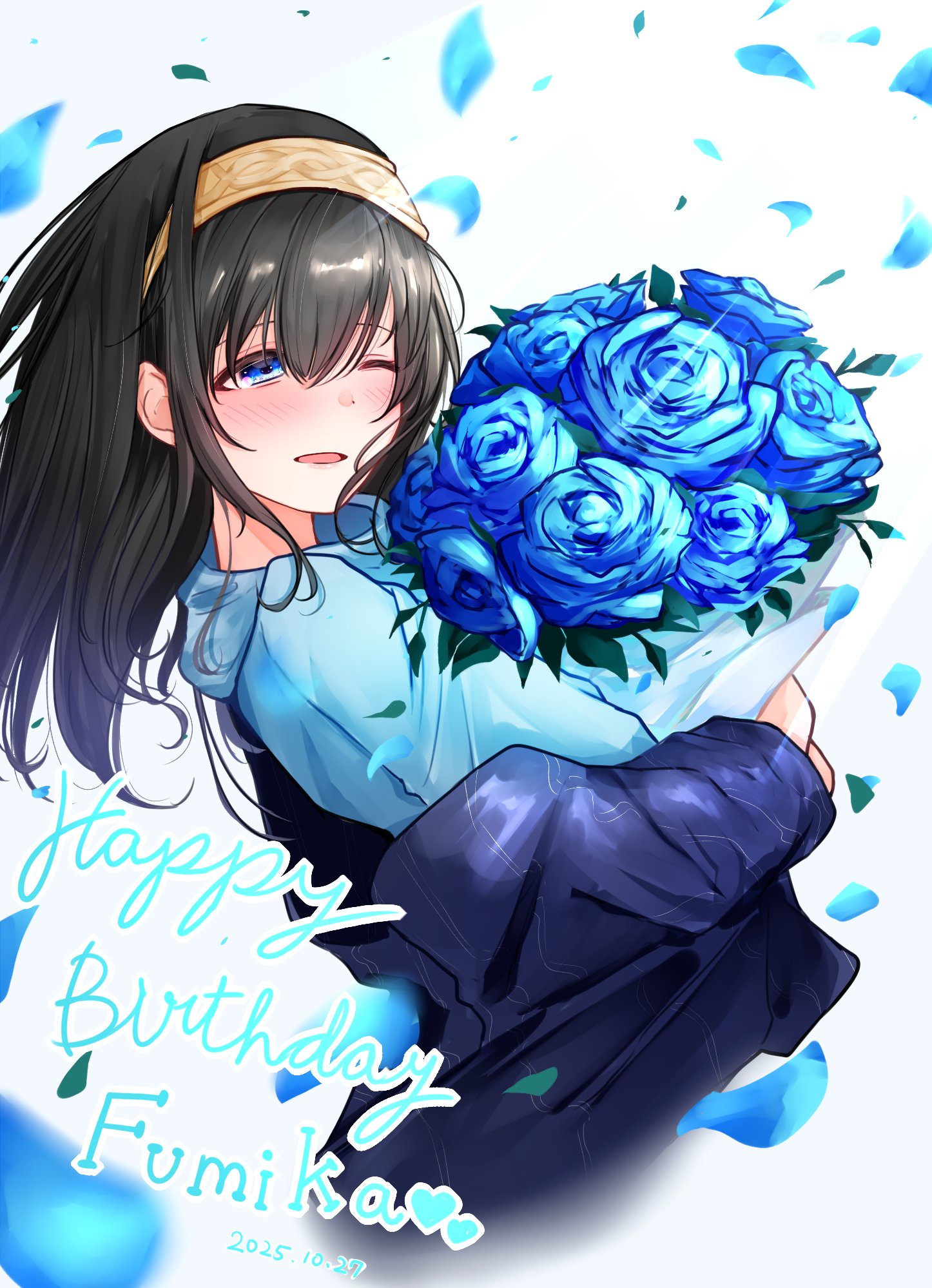 sekia998, sagisawa fumika, idolmaster, idolmaster cinderella girls, commentary request, highres, 1girl, black hair, blue eyes, blue flower, blue petals, blue rose, blue shawl, blue shirt, blush, bouquet, breasts, cropped torso, dated, falling petals, flower, hairband, happy birthday, holding, holding bouquet, holding flower, long sleeves, looking to the side, medium breasts, one eye closed, open mouth, petals, rose, shawl, shirt, simple background, smile, solo, white background, white hairband