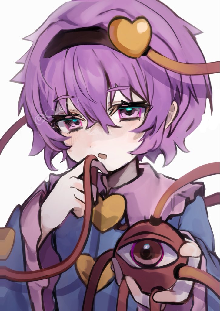 fuua (fxae3875), komeiji satori, touhou, commentary request, 1girl, eyeball, hair between eyes, hair ornament, hairband, hands up, heart, heart hair ornament, light blush, open mouth, purple eyes, purple hair, short hair, simple background, solo, third eye, upper body, white background