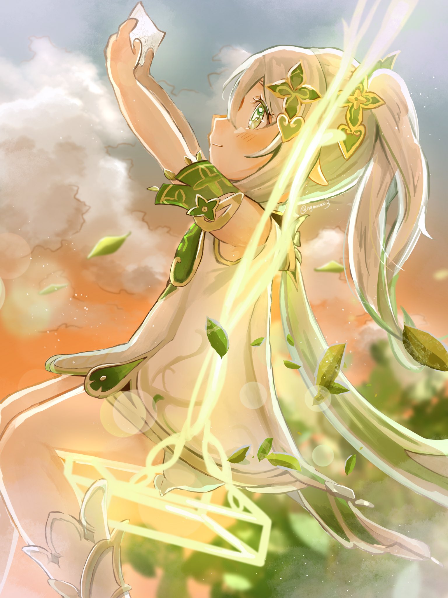 ngmooooo3, nahida (genshin impact), genshin impact, commentary request, highres, 1girl, bare shoulders, bloomers, blush, closed mouth, cloud, cross-shaped pupils, detached sleeves, dress, from side, gold trim, green eyes, green hair, green sleeves, hair between eyes, hair ornament, hands up, holding, holding paper, long hair, multicolored hair, on swing, outdoors, paper, pointy ears, side ponytail, sitting, sleeveless, sleeveless dress, solo, swing, symbol-shaped pupils, underwear, white bloomers, white dress, white hair