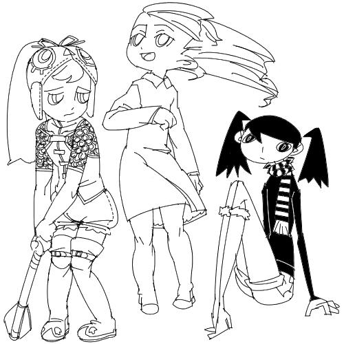 outtake, lowres, 3girls, boots, multiple girls, scarf, twintails