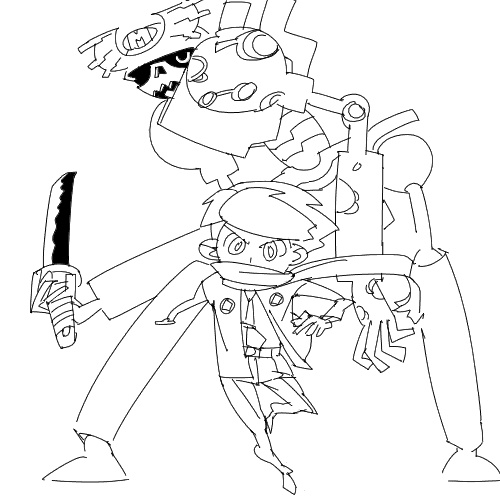 outtake, character request, copyright request, lowres, tagme, knife, monochrome, robot, scarf