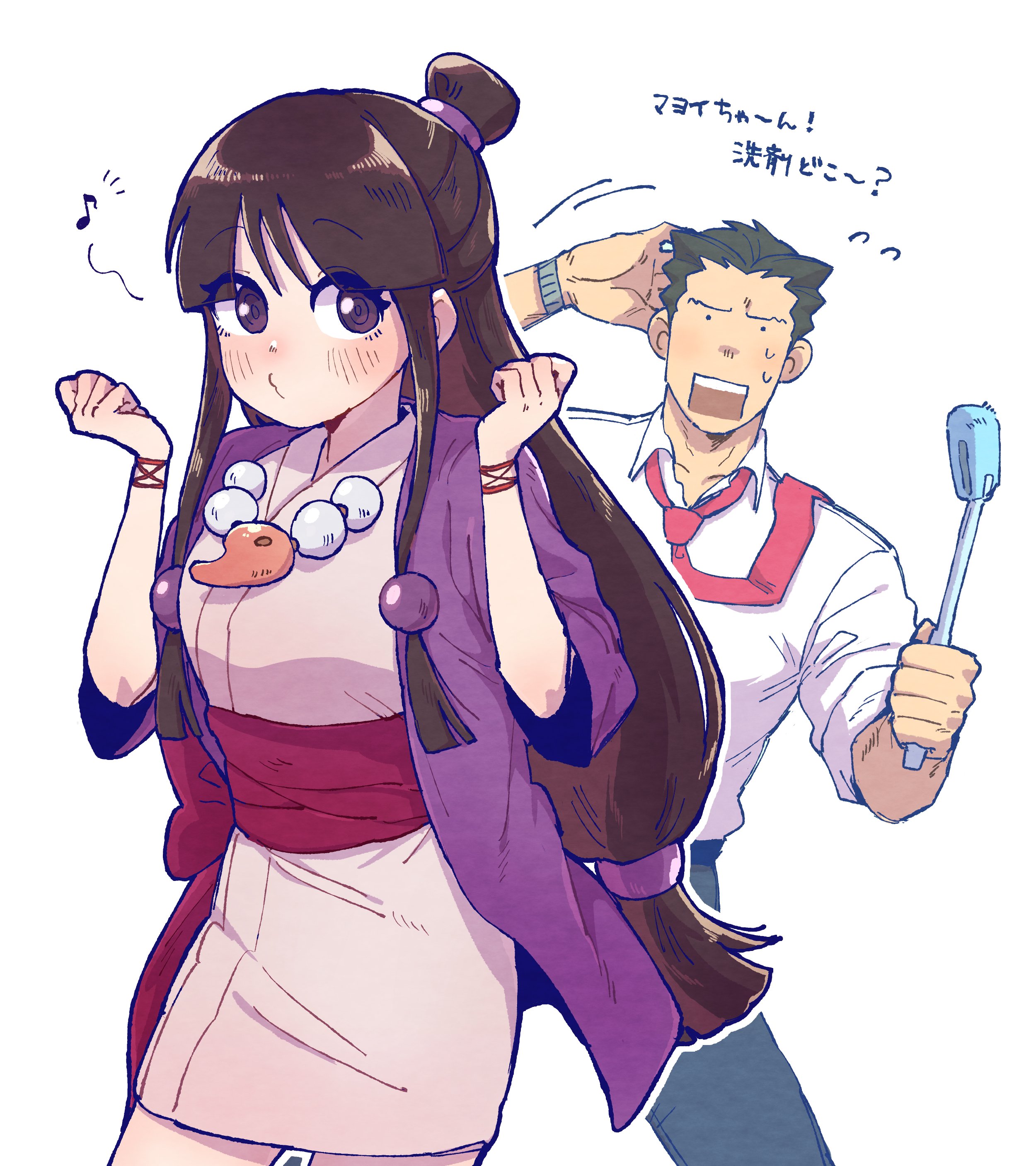 yowasabimechaoc, maya fey, phoenix wright, ace attorney, absurdres, highres, translation request, 1boy, 1girl, bead necklace, beads, black hair, blue pants, bracelet, brown eyes, brown hair, collared shirt, frown, hair ornament, hanten (clothes), jacket, japanese clothes, jewelry, kimono, light blush, long hair, looking to the side, low-tied long hair, low-tied sidelocks, musical note, necklace, necktie, pants, puckered lips, purple jacket, rectangular mouth, red necktie, red sash, sash, shirt, short hair, sidelocks, sleeves rolled up, sphere hair ornament, spiked hair, spoken musical note, sweat, topknot, watch, white kimono, wide sleeves, wristwatch