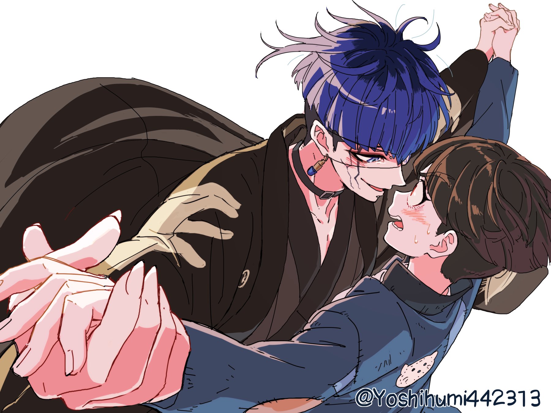 yoshihumi442313, maruko gaku, omokage yugamu, the hundred line -last defense academy-, chinese commentary, commentary request, highres, 2boys, arms up, belt buckle, belt collar, black collar, black kimono, blue eyes, blue hair, blue jacket, blush, buckle, collar, collarbone, collared jacket, cowboy shot, dutch angle, earrings, eye contact, facial mark, fingernails, holding hands, jacket, japanese clothes, jewelry, kimono, looking at another, male focus, multiple boys, nervous sweating, open clothes, open kimono, open mouth, outstretched arms, patchwork clothes, piercing, red eyes, sharp fingernails, short sideburns, simple background, smile, sweat, sweatdrop, teeth, tongue, twitter username, white background, wide-eyed, yaoi