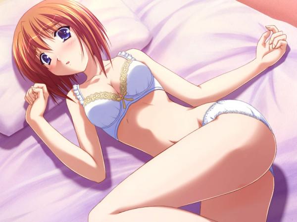 bed, blush, breasts, cleavage, lingerie, looking at viewer, lying, navel, panties, purple eyes, red hair, short hair, thighhighs, underwear