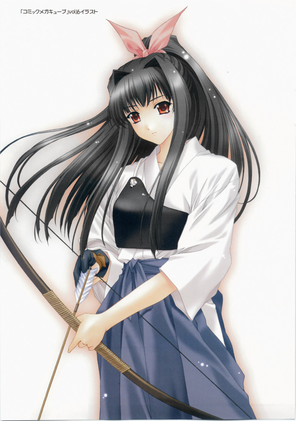 kimizuka aoi, highres, archery, black hair, bow (weapon), japanese clothes, megacube, moe (phrase), weapon