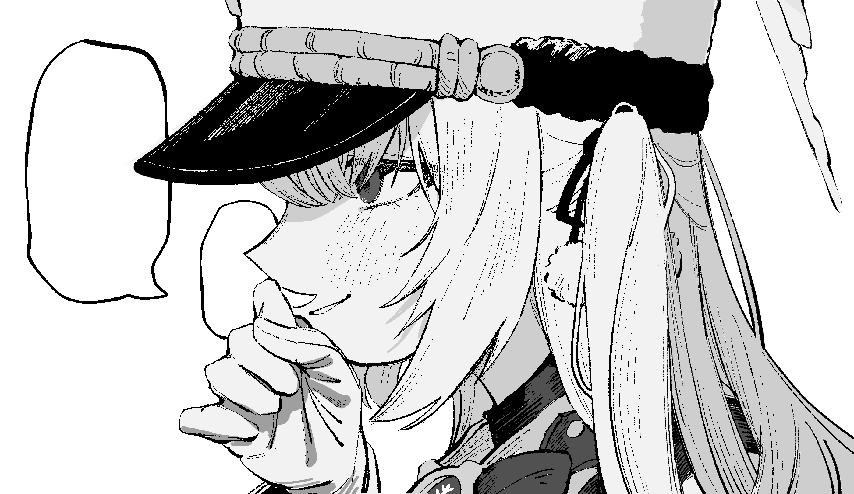 hanakonenne, cherino (blue archive), blue archive, commentary request, highres, 1girl, arm up, fake facial hair, fake mustache, gloves, greyscale, hat, long hair, looking to the side, monochrome, parted lips, portrait, profile, sidelocks, simple background, speech bubble