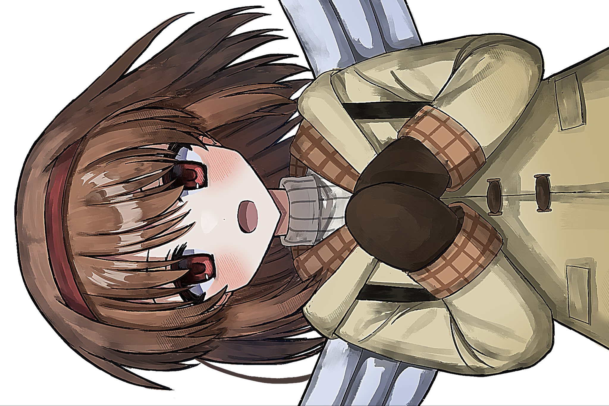 mahigu re, tsukimiya ayu, kanon, highres, 1girl, backpack, bag, blush, brown hair, brown mittens, coat, hairband, hand on own chest, long sleeves, looking at viewer, medium hair, mittens, red eyes, smile, solo, winged bag, yellow coat