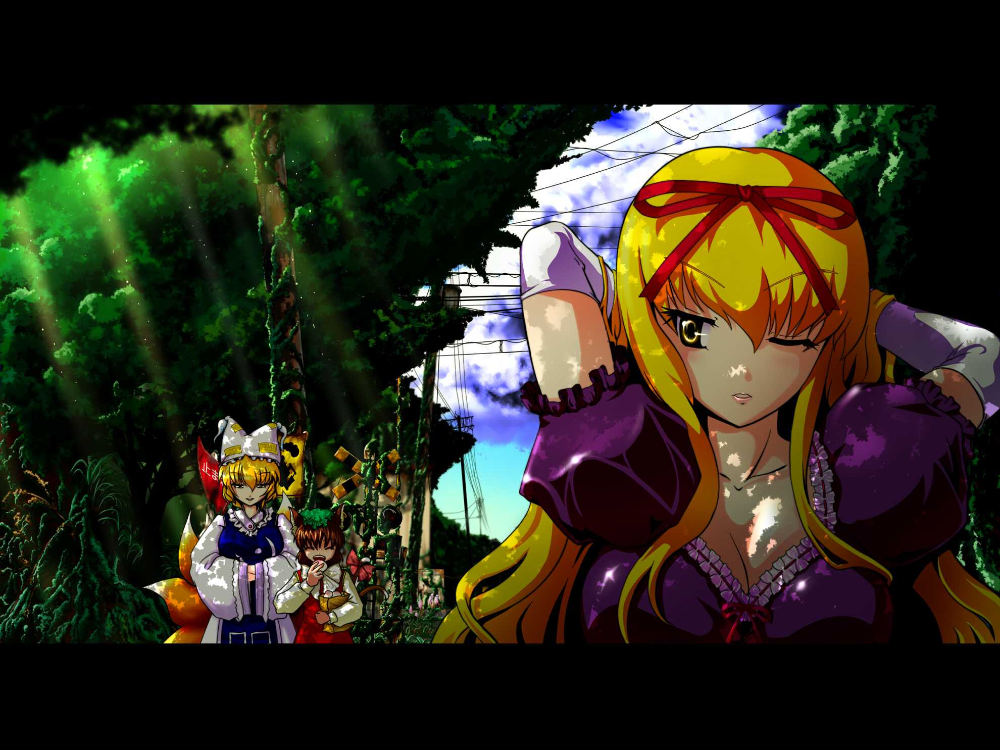 tsuki hana, chen, yakumo ran, yakumo yukari, touhou, bad id, bad pixiv id, highres, 3girls, animal ears, blonde hair, breasts, brown hair, cat ears, cat girl, cat tail, cleavage, closed eyes, earrings, eating, elbow gloves, female focus, food, fox tail, gloves, hat, jewelry, large breasts, letterboxed, long hair, multiple girls, multiple tails, one eye closed, ribbon, short hair, tail, tail ornament, tail ribbon, wink, yellow eyes