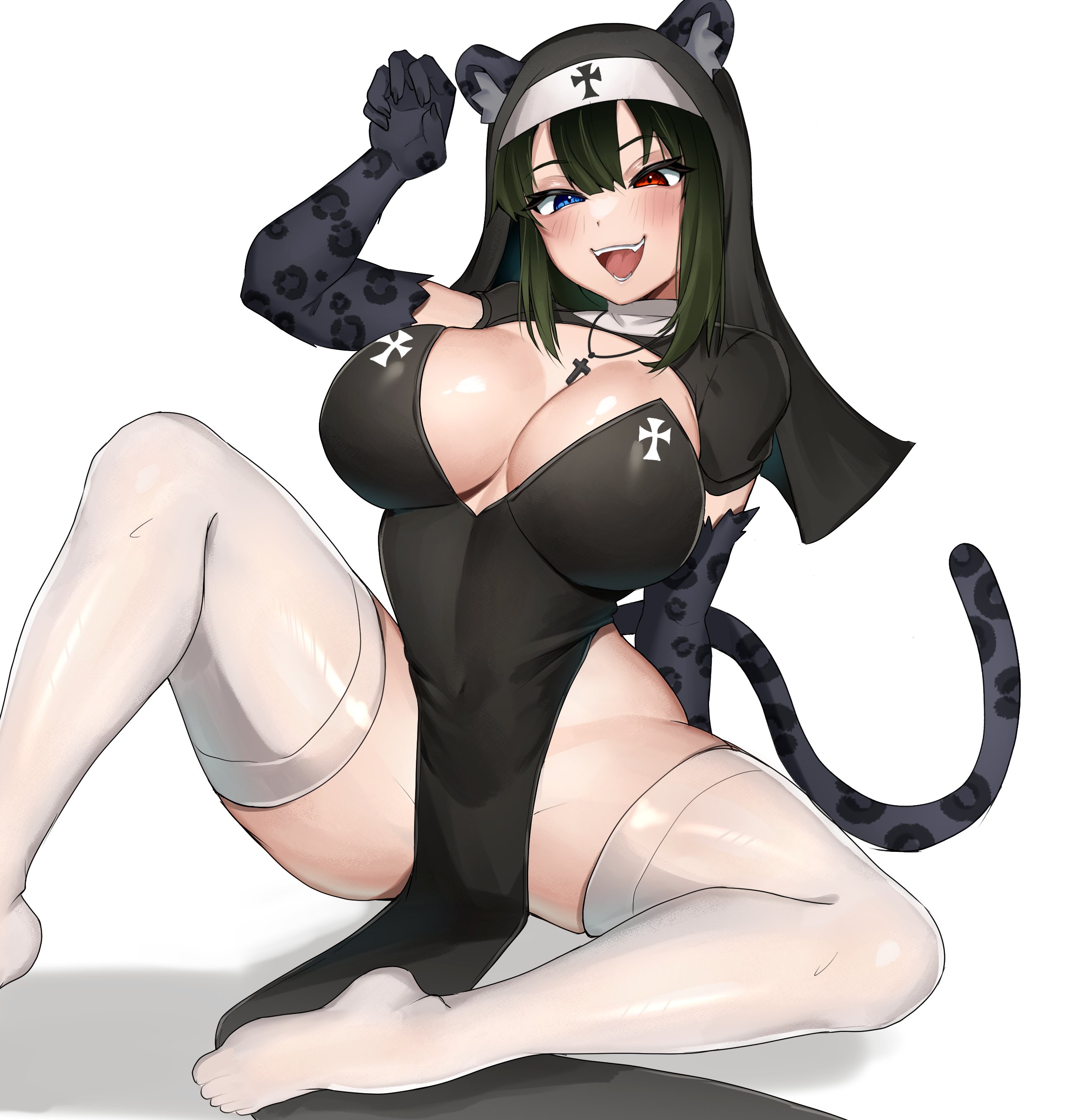 leiden yaegore, original, absurdres, commentary, commission, english commentary, highres, 1girl, animal ear fluff, animal ears, black dress, black gloves, black hair, black veil, blue eyes, blush, breasts, cleavage, cross, cross necklace, double-parted bangs, dress, elbow gloves, foot out of frame, gloves, hair between eyes, heterochromia, jewelry, looking at viewer, medium hair, necklace, no shoes, open mouth, pelvic curtain, red eyes, sidelocks, simple background, sitting, sleeveless, sleeveless dress, smile, solo, spread legs, tail, thighhighs, veil, white background, white thighhighs