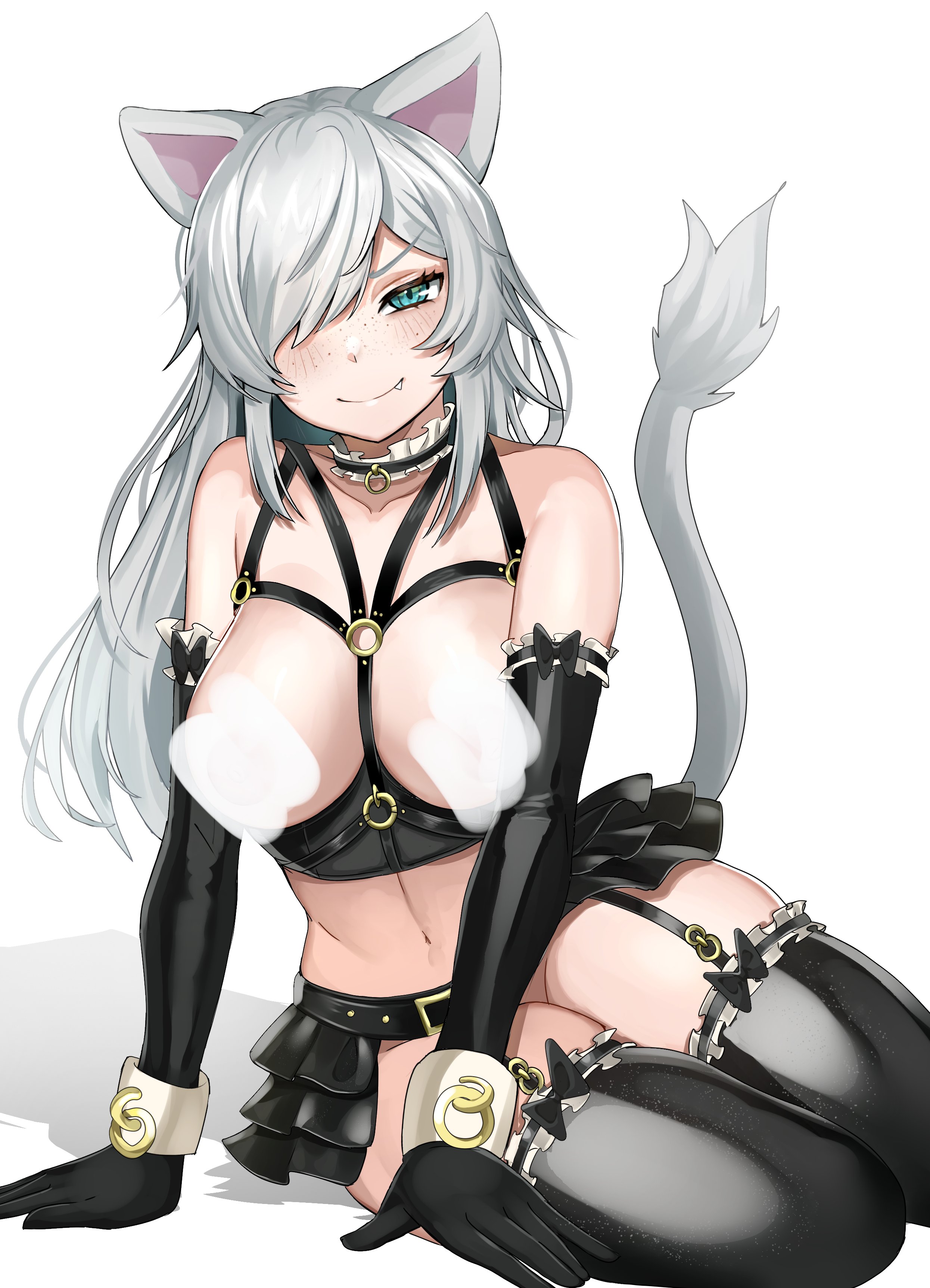 leiden yaegore, original, absurdres, commentary, commission, english commentary, highres, 1girl, animal ears, black choker, black gloves, black skirt, black thighhighs, blank censor, blue eyes, breasts, cat ears, cat girl, cat tail, censored, censored nipples, chest harness, choker, closed mouth, elbow gloves, fang, fang out, freckles, frilled choker, frills, garter belt, gloves, hair over one eye, harness, large breasts, long hair, looking at viewer, microskirt, midriff, navel, parted bangs, simple background, skirt, smile, solo, tail, thighhighs, white background, white hair