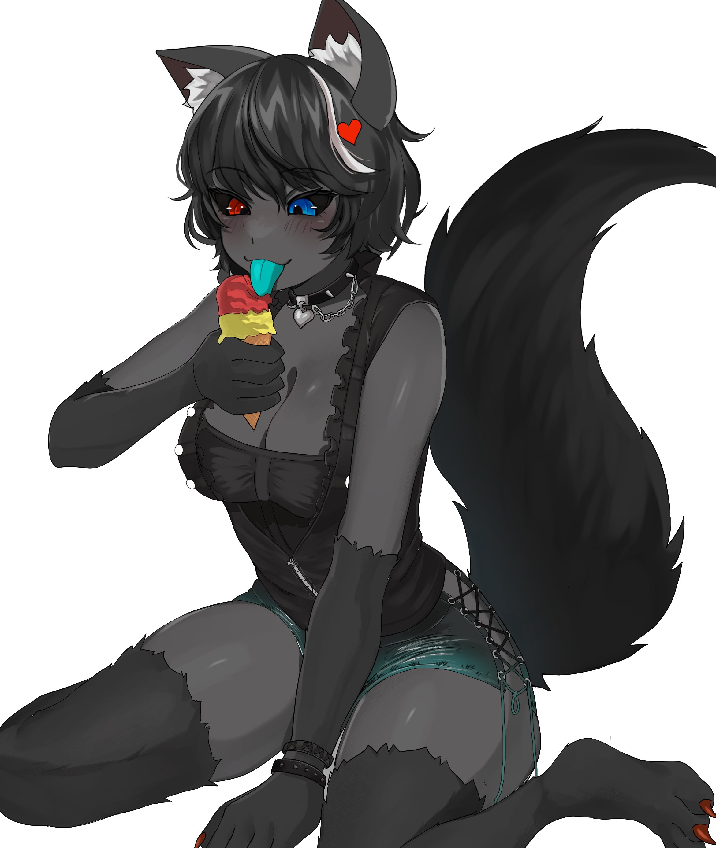 leiden yaegore, hellhound (monster girl encyclopedia), monster girl encyclopedia, absurdres, commentary, commission, english commentary, highres, 1girl, alternate eye color, alternate hairstyle, animal ear fluff, animal ears, animal feet, black dress, black fur, black hair, black sclera, blue eyes, blue tongue, breasts, cleavage, colored sclera, colored skin, colored tongue, dog ears, dog girl, dog tail, dress, food, full body, grey skin, hair ornament, heart, heart hair ornament, heterochromia, holding, holding food, holding ice cream, holding ice cream cone, ice cream, ice cream cone, large breasts, licking, monster girl, multicolored hair, red eyes, short dress, short hair, simple background, single hair streak, sitting, solo, streaked hair, tail, wariza, white background, white streaks