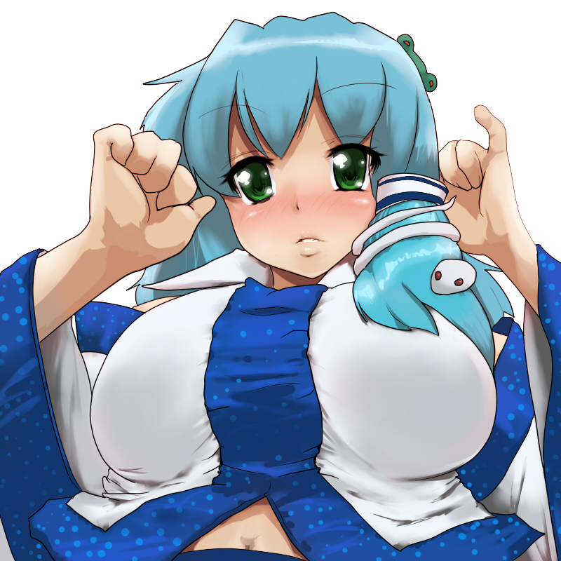 hyudora, kochiya sanae, touhou, bad id, bad pixiv id, 1girl, blue hair, blush, breasts, detached sleeves, female focus, frog, green eyes, hair ornament, large breasts, navel, short hair, simple background, snake, solo, upper body, white background