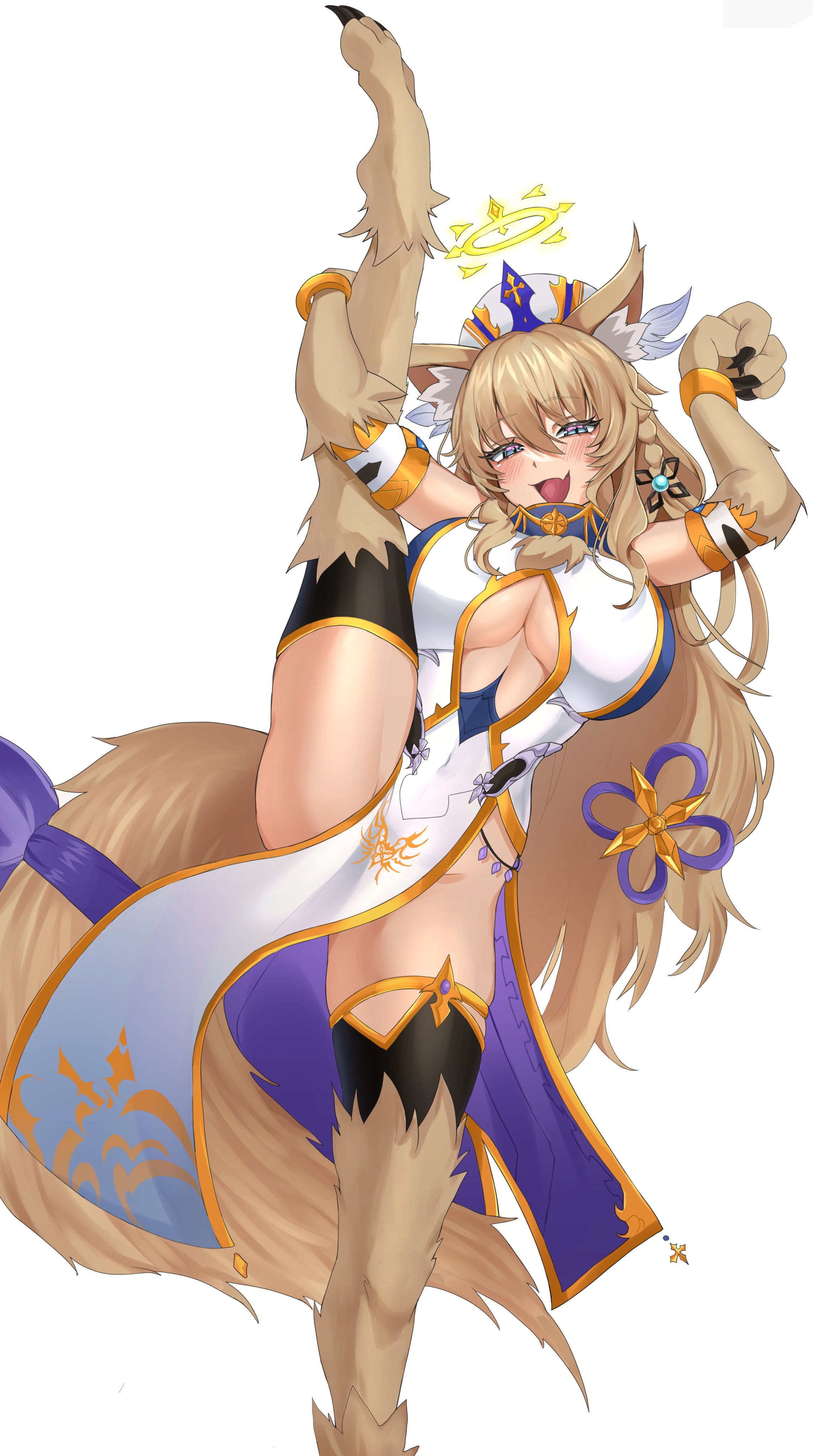 leiden yaegore, original, absurdres, commentary, commission, english commentary, highres, 1girl, animal ears, animal feet, animal hands, arms up, blonde hair, blue eyes, blush, breasts, choppy bangs, cowboy shot, dog ears, dog girl, dog tail, dress, fang, hair between eyes, halo, hat, large breasts, leg lift, leg up, long hair, looking at viewer, open mouth, pelvic curtain, simple background, skin fang, smile, solo, split, spread legs, standing, standing on one leg, standing split, tail, white background, white dress, white hat, yellow halo