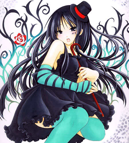 chibinon, akiyama mio, don't say "lazy", k-on!, striped, lowres, 00s, 1girl, black hair, blue eyes, blunt bangs, blush, cane, dress, facepaint, female focus, fingerless gloves, gloves, hat, hime cut, long hair, mini hat, mini top hat, pantyhose, solo, thighhighs, top hat