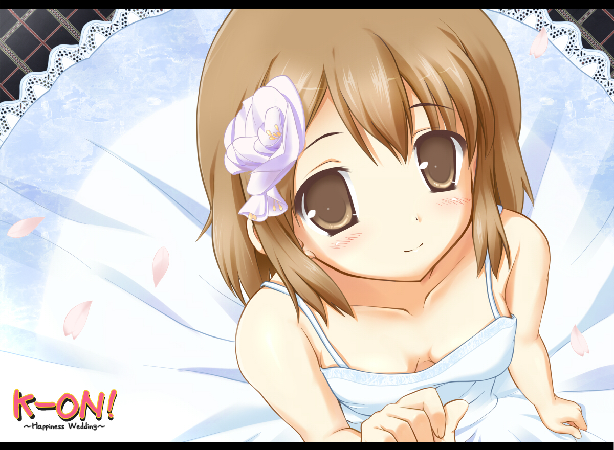 utamaru (konomix), hirasawa yui, k-on!, bad id, bad pixiv id, 00s, 1girl, brown eyes, brown hair, downblouse, dress, english text, engrish text, female focus, flower, hair flower, hair ornament, letterboxed, petals, ranguage, rose, short hair, solo