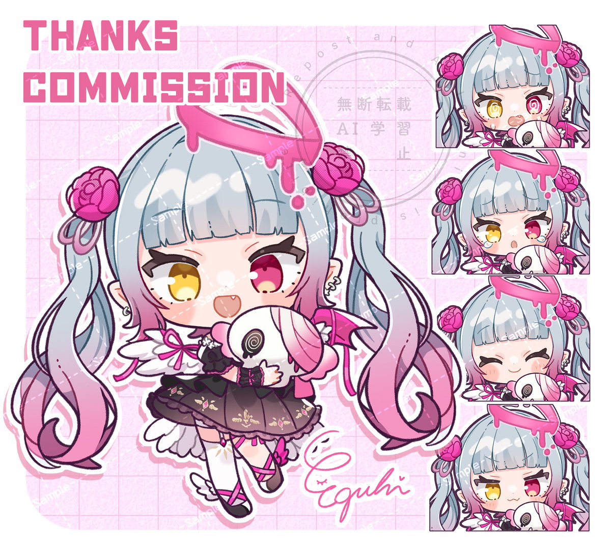 indie virtual youtuber, commentary, commission, skeb commission, 1girl, :3, :d, amana ryuna, black dress, black shoes, blunt bangs, blush stickers, border, closed mouth, dress, drop shadow, ear piercing, egissi, fang, frilled dress, frills, full body, gradient hair, grey hair, heterochromia, long hair, looking at viewer, multicolored hair, multiple views, open mouth, outline, piercing, pink hair, pleated dress, pointy ears, red eyes, sample watermark, shoes, signature, single thighhigh, smile, standing, thighhighs, twintails, virtual youtuber, watermark, watermark grid, white border, white outline, white thighhighs, white wings, winged shoes, wings, yellow eyes