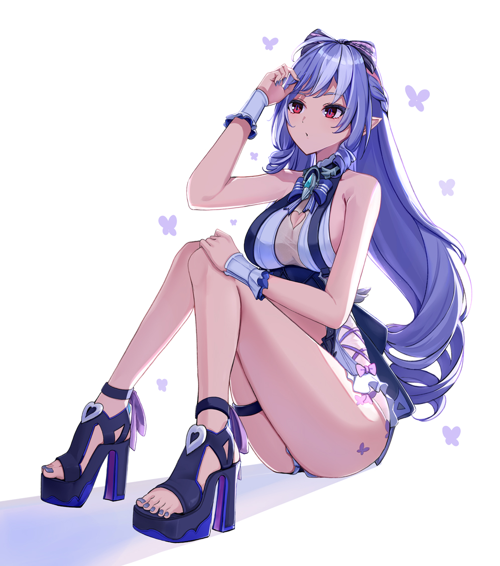 310setsu, vivian banshee, vivian banshee (iris of the shore), zenless zone zero, commentary request, 1girl, armpit crease, black bow, bow, breasts, clothing cutout, grey one-piece swimsuit, hair between eyes, hair ornament, long hair, looking up, medium breasts, nail polish, navel, navel cutout, official alternate costume, official alternate hairstyle, one-piece swimsuit, open mouth, pointy ears, purple hair, purple nails, red eyes, simple background, sitting, solo, stomach, swimsuit, thigh strap, thighs, toenail polish, toenails, very long hair, wariza, white background