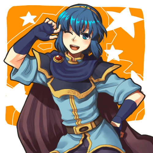 marth (fire emblem), fire emblem, fire emblem: mystery of the emblem, fire emblem: shadow dragon, nintendo, gender request, lowres, androgynous, blue eyes, blue hair, cape, fingerless gloves, gloves, hand on own hip, hip focus, male focus, matching hair/eyes, smile, solo, tiara, trap, wink