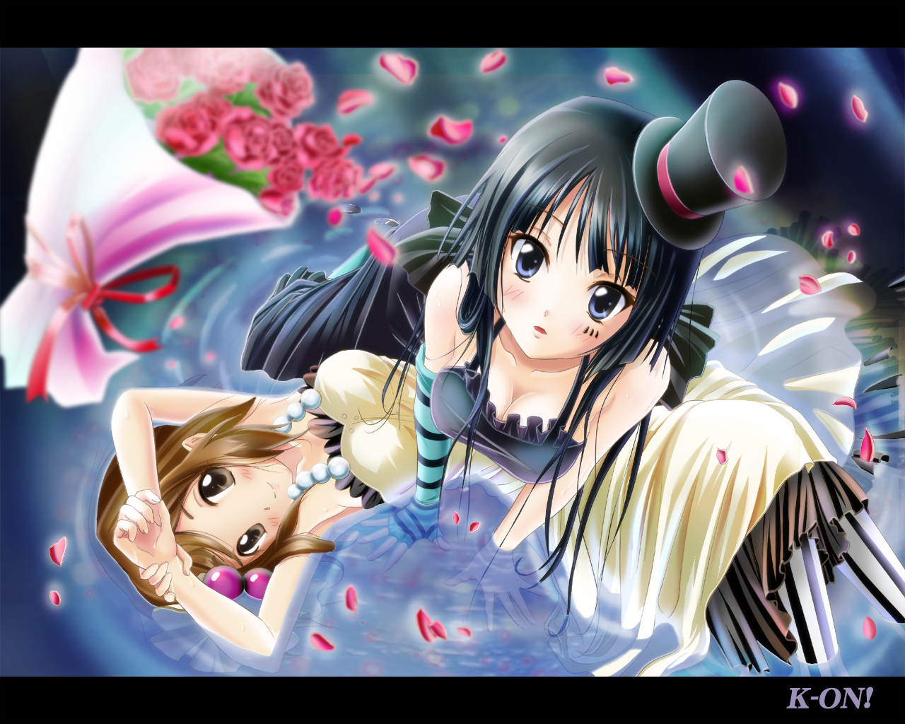 nisson, akiyama mio, hirasawa yui, don't say "lazy", k-on!, striped legwear, vertical-striped legwear, 00s, 2girls, black hair, blue eyes, blue pantyhose, bouquet, breasts, brown eyes, brown hair, cleavage, copyright name, dress, facepaint, flower, hat, large breasts, letterboxed, long hair, medium breasts, mini hat, mini top hat, multiple girls, pantyhose, rose, short hair, striped clothes, striped pantyhose, submerged, top hat, vertical-striped clothes, vertical-striped pantyhose, water, wet, wet clothes