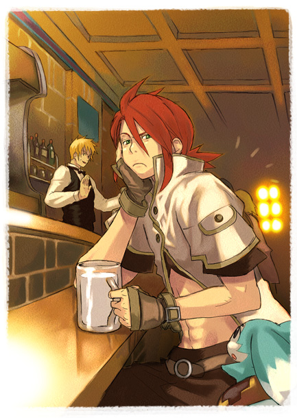 guy cecil, luke fon fabre, mieu (tales), tales of (series), tales of the abyss, 00s, 2boys, alternate costume, blonde hair, drink, formal clothes, gloves, green eyes, male focus, multiple boys, red hair, suit