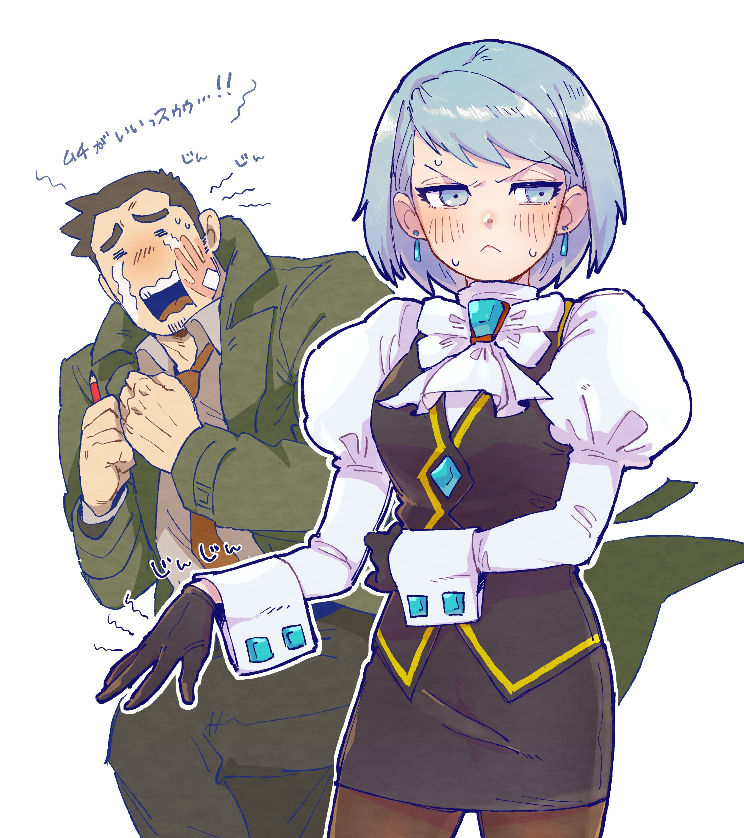 yowasabimechaoc, dick gumshoe, franziska von karma, ace attorney, absurdres, highres, translation request, 1boy, 1girl, :<, ascot, bandaid, bandaid on cheek, bandaid on face, black gloves, black pants, black skirt, black thighhighs, black vest, brooch, brown hair, closed eyes, collared shirt, crying, earrings, furrowed brow, gloves, green jacket, grey eyes, grey hair, holding, holding pencil, jacket, jewelry, juliet sleeves, long sleeves, looking to the side, medium hair, mole, mole under eye, necktie, pants, pantyhose, pencil, puffy cheeks, puffy sleeves, red necktie, shirt, short hair, sideburns, skirt, slap mark, slap mark on face, sweat, thighhighs, v-shaped eyebrows, vest, white ascot, white background, white shirt