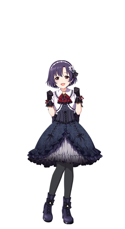 shiragiku hotaru, idolmaster, idolmaster cinderella girls, idolmaster cinderella girls starlight stage, official art, 1girl, black gloves, boots, dress, earrings, full body, gloves, hairband, idol clothes, jewelry, open mouth, pantyhose, purple eyes, purple hair, solo, transparent background