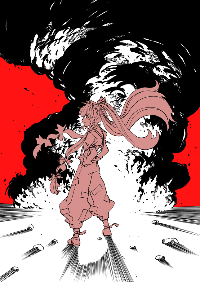 charin, fujiwara no mokou, touhou, bad id, bad pixiv id, 1girl, female focus, fire, full body, long hair, monochrome, ribbon, solo, spot color, standing, very long hair