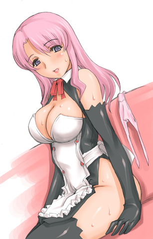 ishida masayuki, rui (dream c club), dream c club, dream c club (series), lowres, 1girl, breasts, cleavage, elbow gloves, female focus, gloves, large breasts, no panties, pink hair, ribbon, sitting, solo, sweat, thighhighs