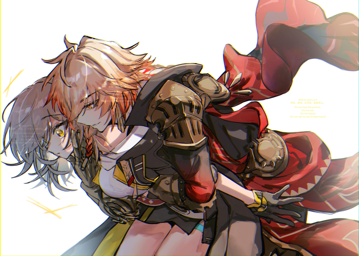 sugomori tsuru (hana tsuru wo), mydei (honkai: star rail), stelle (honkai: star rail), trailblazer (honkai: star rail), honkai: star rail, honkai (series), commission, commissioner upload, 1boy, 1girl, armor, blonde hair, gauntlets, gloves, grey hair, hug, hug from behind, pleated skirt, skirt, surprised, watermark