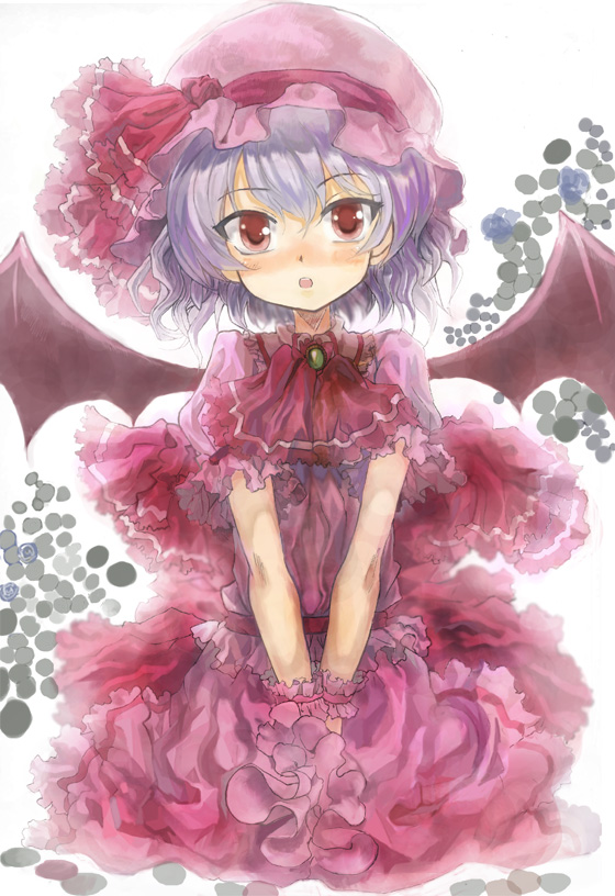 asuka shirou, remilia scarlet, touhou, silver hair, 1girl, bat wings, blue hair, blush, female focus, hat, red eyes, ribbon, short hair, skirt, solo, solo focus, white background, wings, wrist cuffs