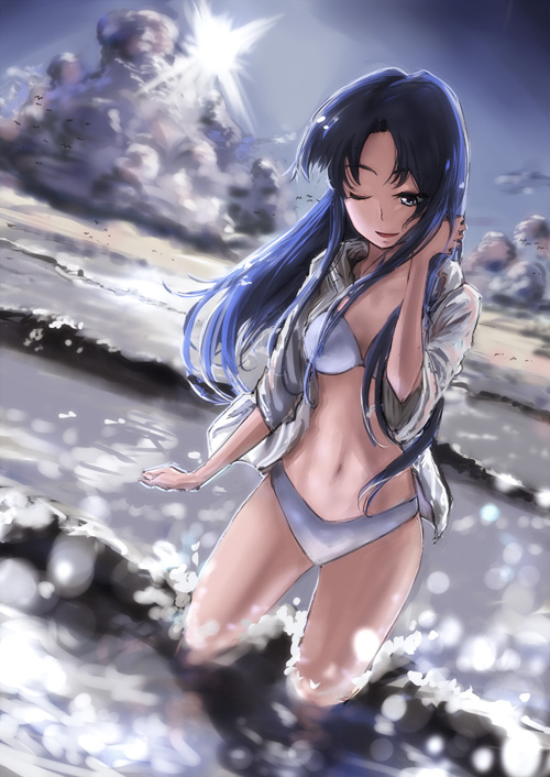 miyatsuka ringorou, miyatsukaringorou, kawashima ami, toradora!, bad id, bad pixiv id, 00s, 1girl, bikini, blue eyes, blue hair, dutch angle, female focus, hood, hoodie, long hair, matching hair/eyes, one eye closed, open clothes, open shirt, shirt, solo, swimsuit, wading, water, waves, white bikini, wink