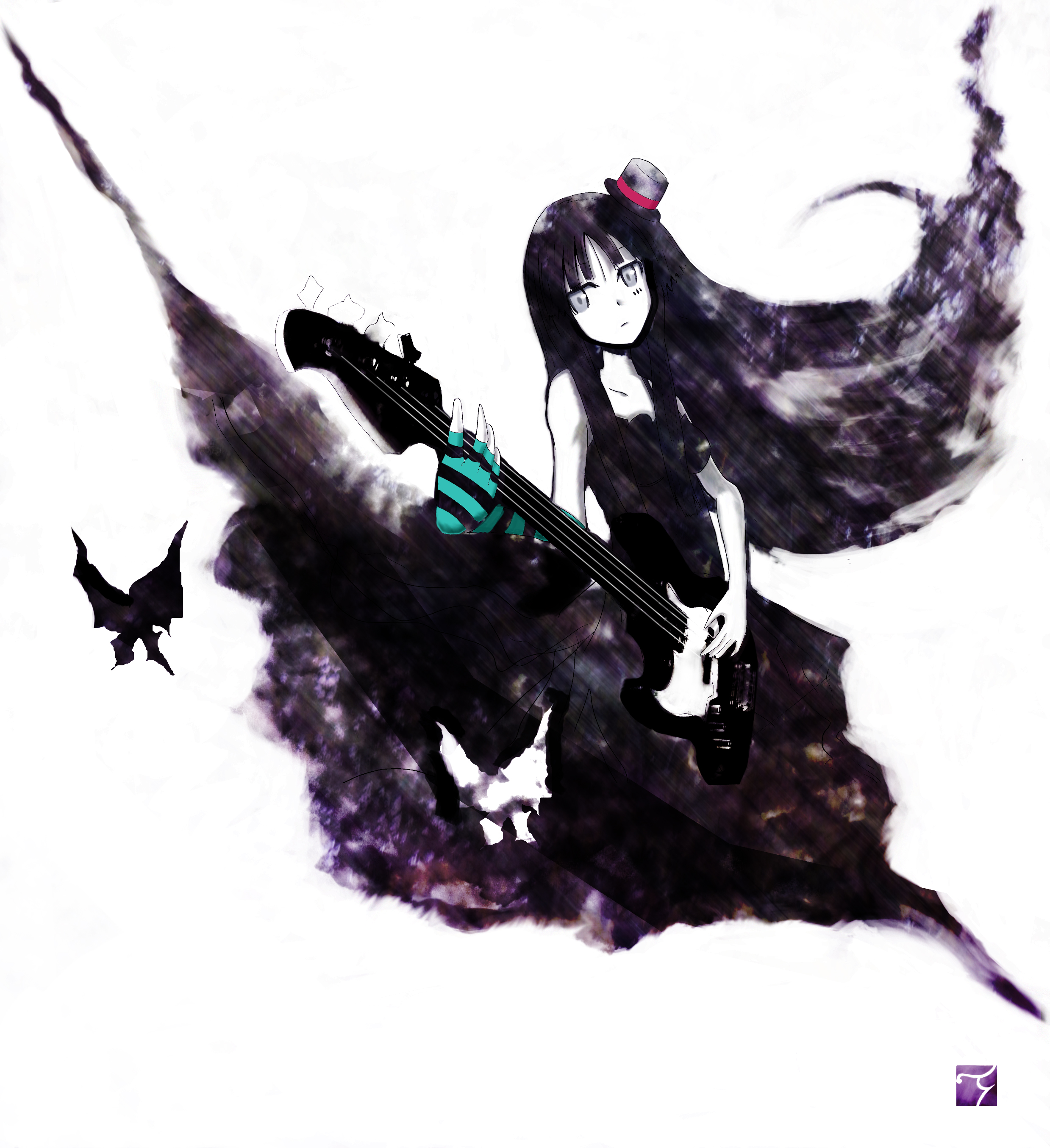 tisaki, akiyama mio, don't say "lazy", k-on!, striped, absurdres, highres, 00s, 1girl, bass guitar, black hair, female focus, fingerless gloves, gloves, grey eyes, hat, instrument, long hair, mini hat, mini top hat, solo, top hat