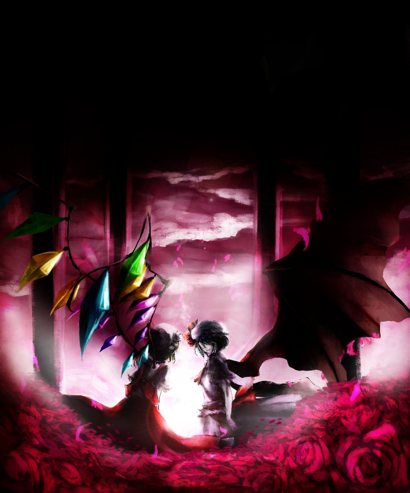 coli, collie, flandre scarlet, remilia scarlet, touhou, bad id, bad pixiv id, 2girls, bat wings, blonde hair, female focus, flower, hat, multiple girls, ribbon, rose, short hair, siblings, sisters, wings