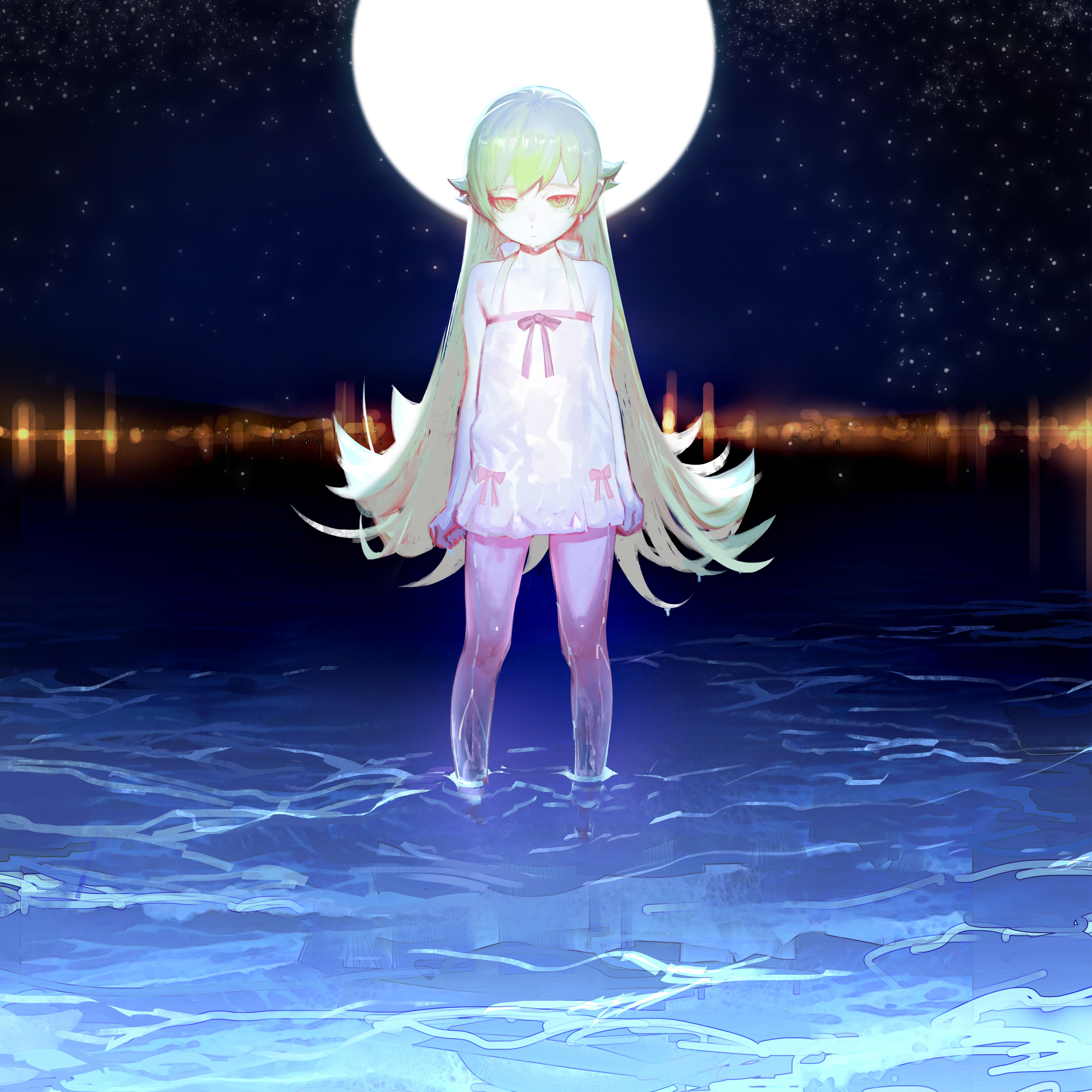 shishirui san, oshino shinobu, monogatari (series), absurdres, highres, 1girl, apron, arms at sides, back bow, bare arms, bare legs, blonde hair, bow, bow apron, city lights, clenched hands, closed mouth, collarbone, dot mouth, dot nose, expressionless, flat chest, flipped hair, full body, full moon, hair between eyes, hair flaps, long hair, looking at viewer, moon, narrowed eyes, night, night sky, red bow, shallow water, sidelocks, sky, solo, star (sky), very long hair, wading, water, white apron, yellow eyes