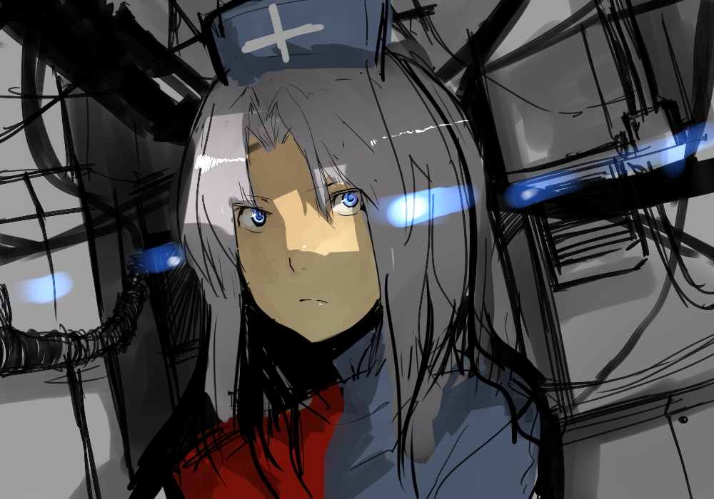 un-known (ninesix), yagokoro eirin, touhou, silver hair, bad id, bad pixiv id, 1girl, blue eyes, female focus, hat, long hair, portrait, solo