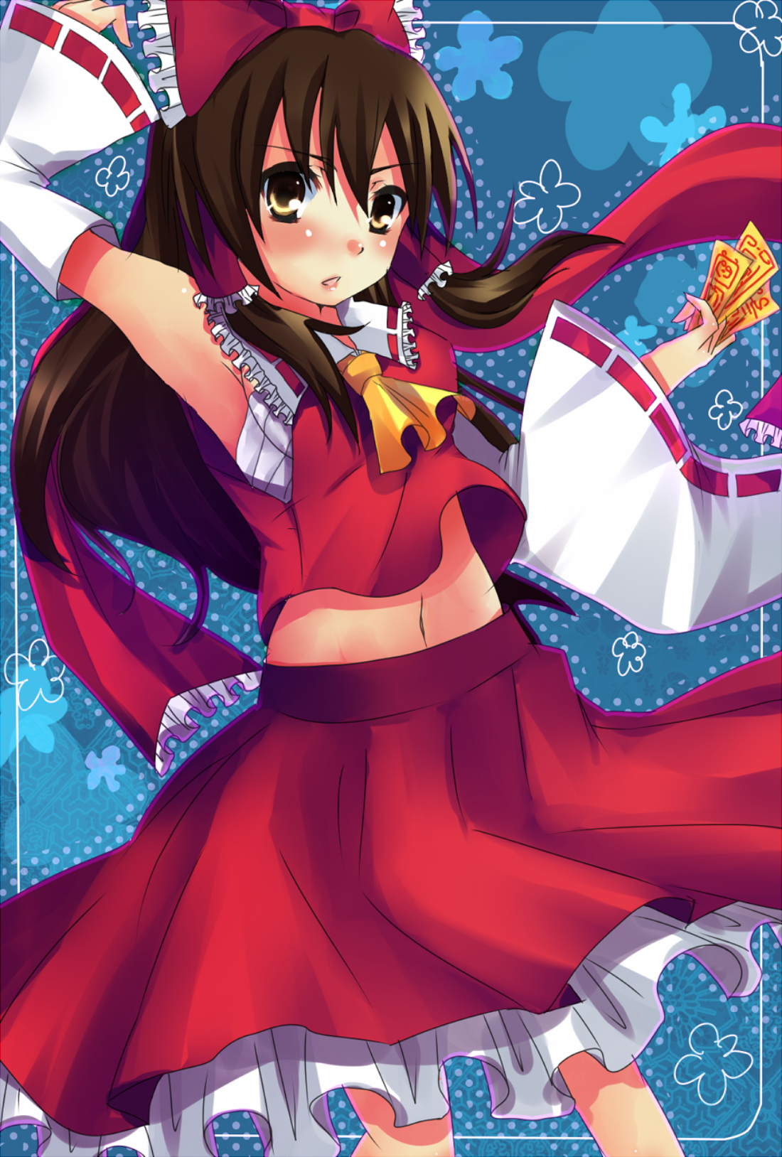 yuri (purinlove), hakurei reimu, touhou, highres, 1girl, armpits, brown hair, detached sleeves, female focus, japanese clothes, long hair, midriff, miko, navel, ofuda, ribbon, sarashi, skirt, solo