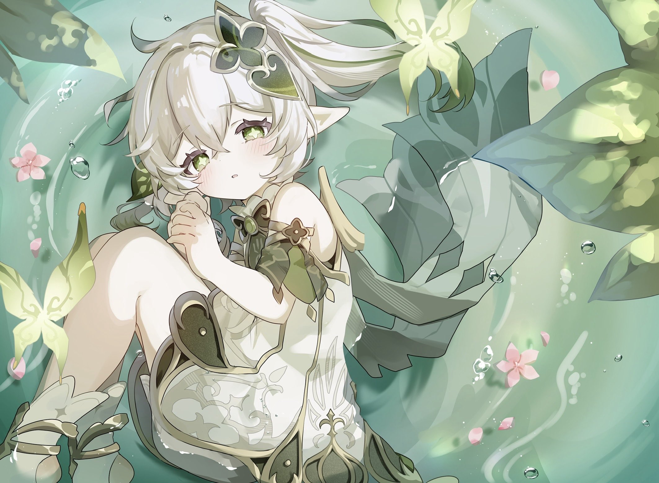 sorani (kaeru0768), crystalfly (genshin impact), nahida (genshin impact), genshin impact, commentary request, highres, 1girl, bare shoulders, bloomers, blush, cape, detached sleeves, dress, feet out of frame, gold trim, gradient hair, green cape, green eyes, green hair, green sleeves, hair between eyes, hair ornament, leaf hair ornament, long hair, looking at viewer, lying, multicolored hair, on side, parted lips, partially submerged, pointy ears, side ponytail, sleeveless, sleeveless dress, solo, star-shaped pupils, star (symbol), symbol-shaped pupils, underwear, white bloomers, white dress, white hair