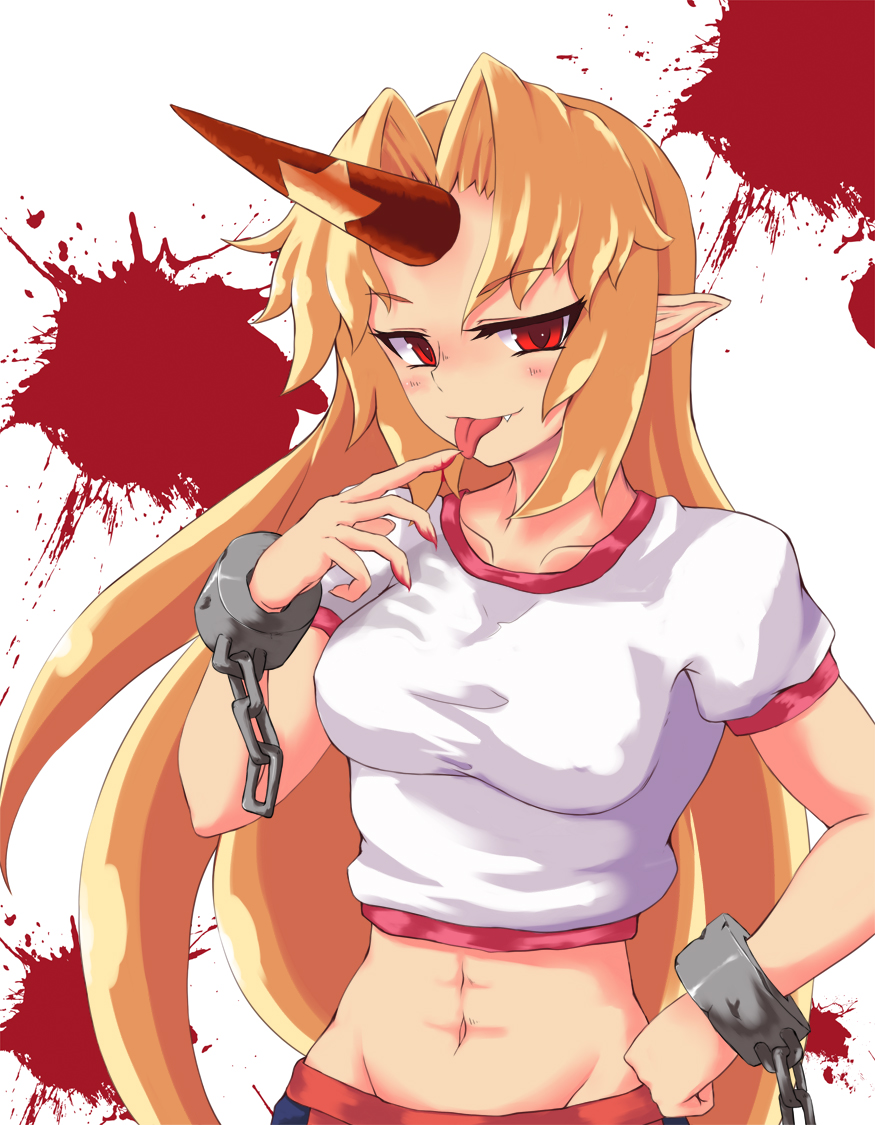 kosmosshuffle, hoshiguma yuugi, touhou, bad id, bad pixiv id, 1girl, abs, blonde hair, blood, blush, fang, female focus, hand on own hip, hip focus, horns, long hair, midriff, navel, pointy ears, red eyes, single horn, solo, tongue