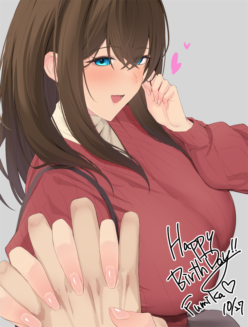fuurin restia, sagisawa fumika, idolmaster, idolmaster cinderella girls, 1girl, blue eyes, blush, breasts, brown hair, hair between eyes, happy birthday, interlocked fingers, large breasts, long hair, looking at viewer, open mouth, pink nails, red sweater, smile, sweater, turtleneck, turtleneck sweater, white sweater
