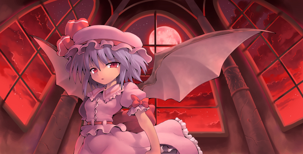 kurogarasu, remilia scarlet, touhou, 1girl, bat wings, blue hair, cloud, dress, female focus, from below, full moon, glowing, hat, hat ribbon, indoors, moon, night, night sky, purple hair, red eyes, red moon, red sky, ribbon, short hair, short sleeves, sky, slit pupils, solo, window, wings