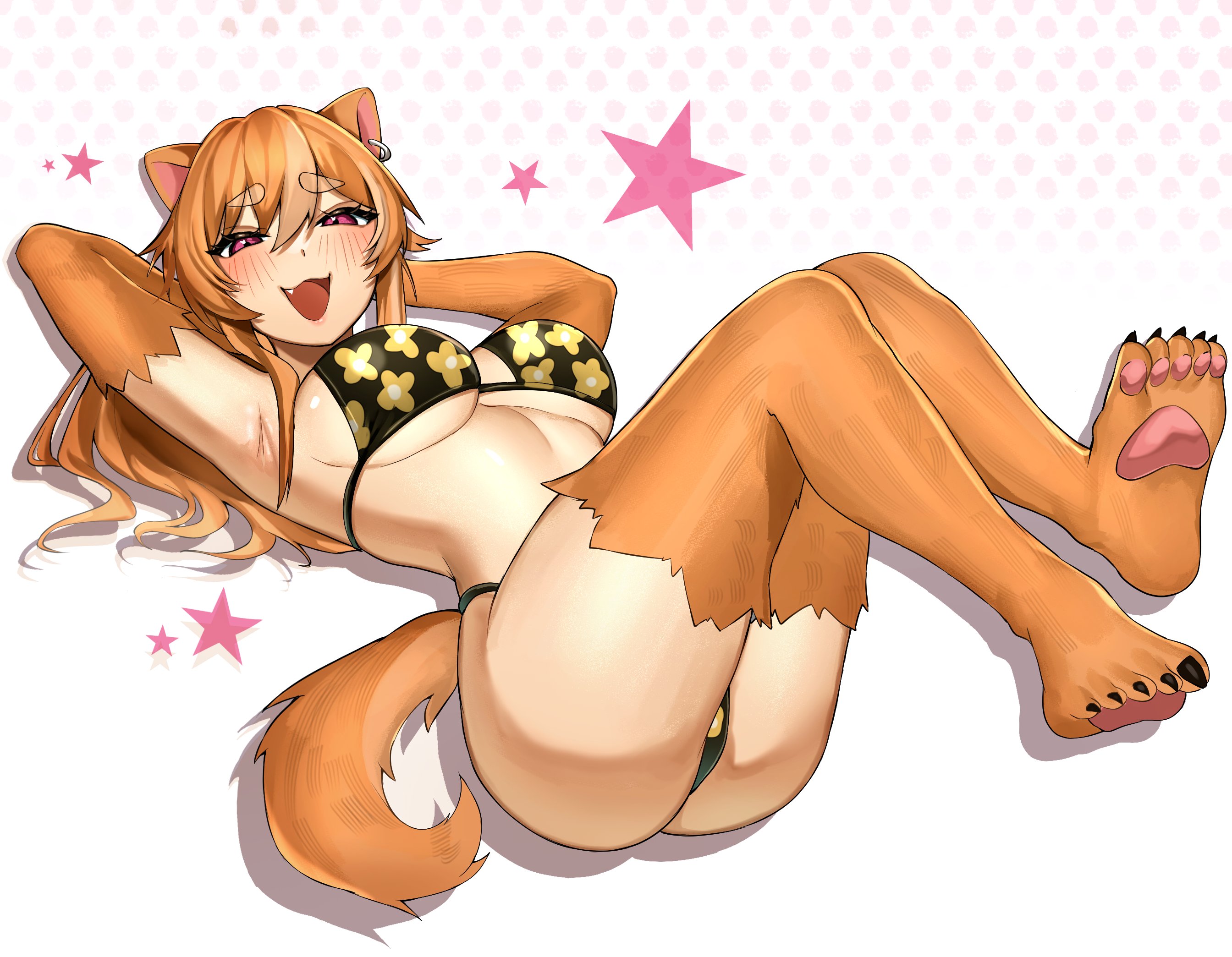 leiden yaegore, indie virtual youtuber, commentary, commission, english commentary, highres, 1girl, animal ear piercing, animal ears, animal feet, armpits, arms behind head, ass, bikini, black bikini, blush, breasts, bwaithin (vtuber), dog ears, dog girl, dog tail, double-parted bangs, fang, floral print, floral print bikini, full body, hair between eyes, large breasts, long hair, looking at viewer, open mouth, orange fur, orange hair, pink eyes, print bikini, shiba inu, smile, solo, star (symbol), swimsuit, tail, virtual youtuber, white background